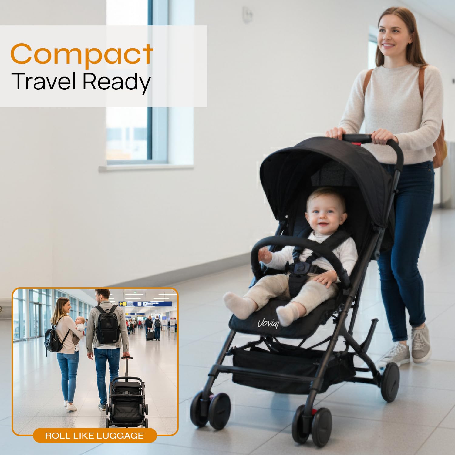 Jovial Passeggino leggero da viaggio con una sola mano, passeggino portatile compatto per uso quotidiano e viaggi in famiglia, con baldacchino, cestino e borsa inclusa