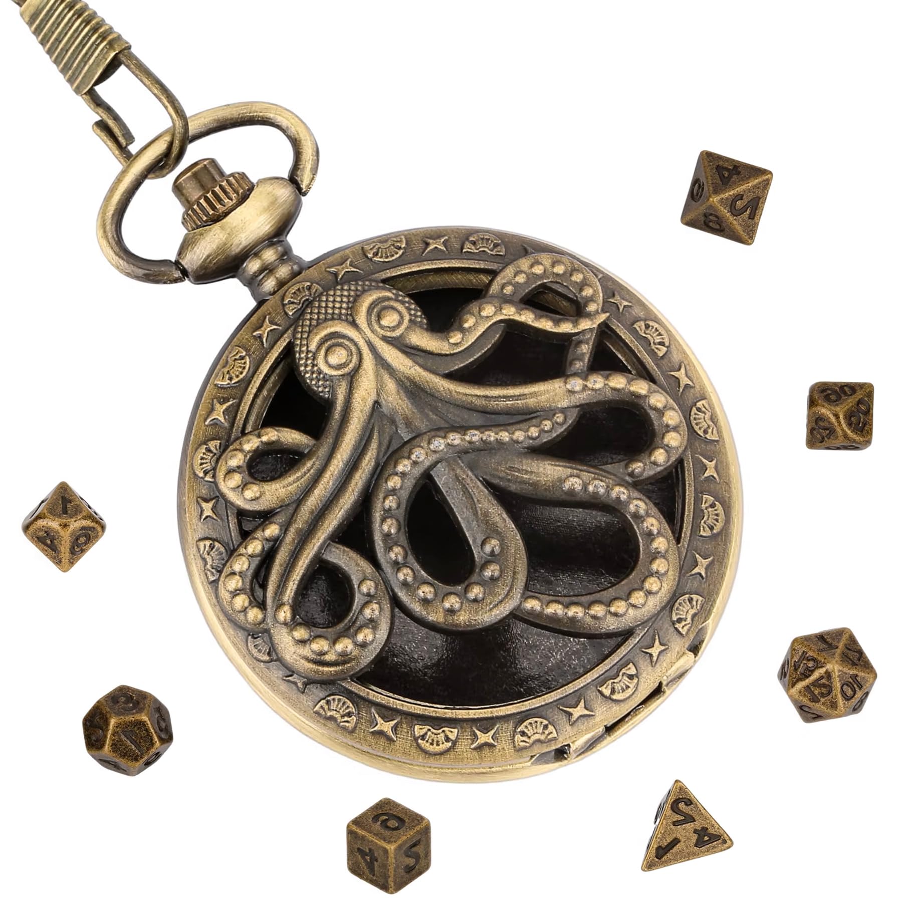 Mini DND Dice Set including Steampunk Bronze Octopus Pocket Watch Shell Case, 7pcs Polyhedral Metal Dice Set including Chain - Image 3