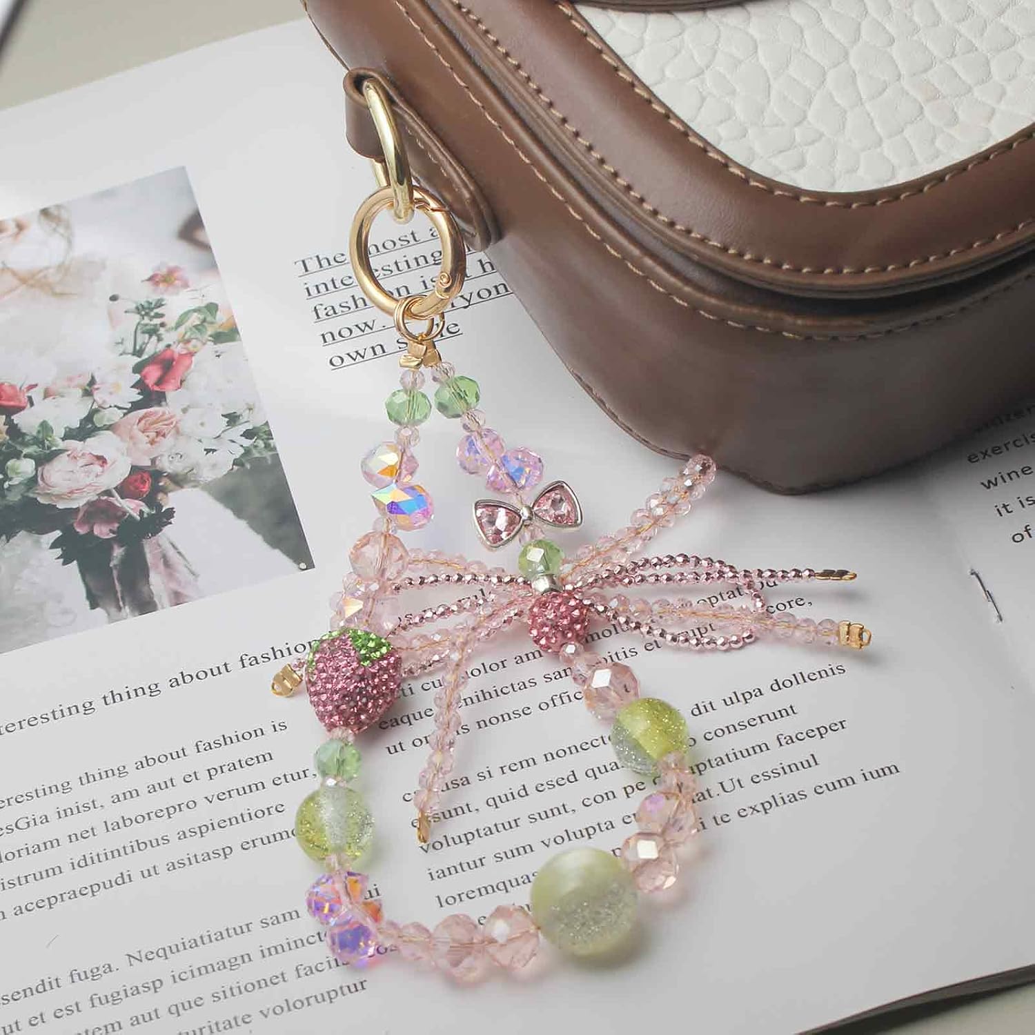 Phone Charm Wrist Strap with Diamond Inlay, Strawberry Bow & Crystal Flower Design for iPhone, Kindle, Camera, Pink Purple Green Key Wristlet, Lanyard for womens keychain wristlet - Image 5