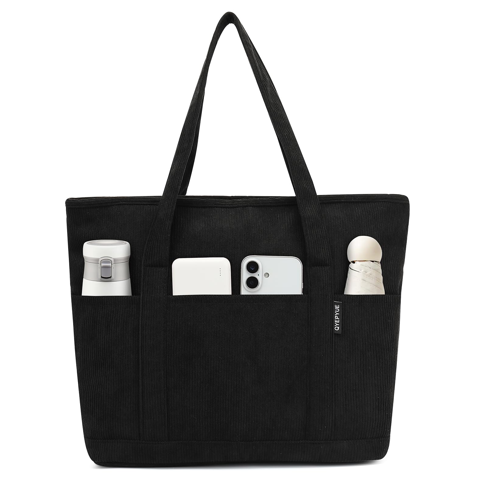 Large Canvas Tote Bag for Women, Beach Bag with Zipper, Utility Tote Bag with 3 Front Pockets, Weekender Pool Bag Black