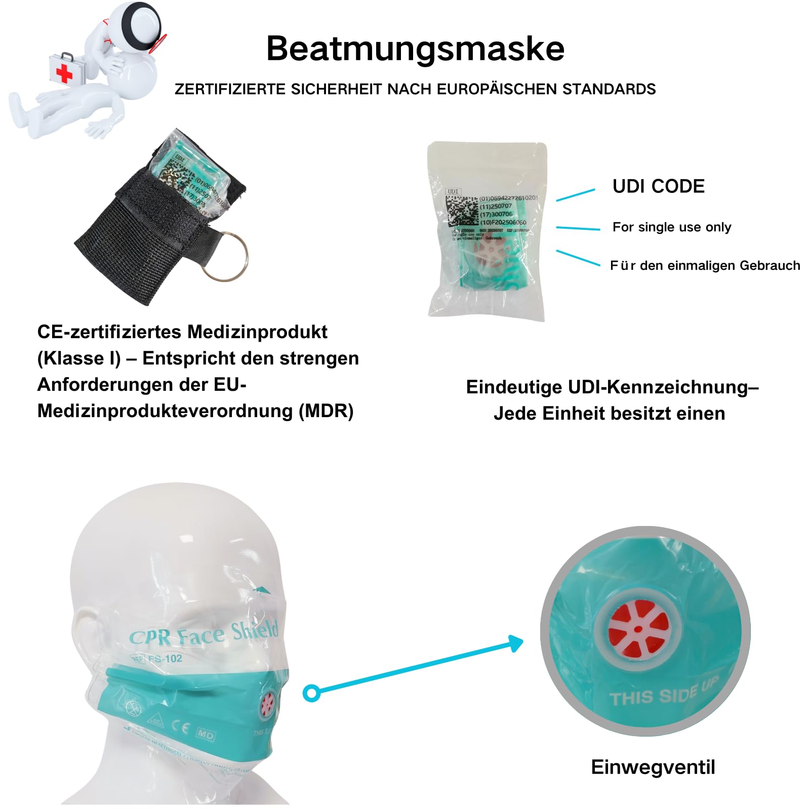 Maschera di ventilazione 6 pezzi, maschera CPR portachiavi con moschettone, panno di ventilazione con valvola di ritegno, barriera respiratoria, CPR, maschera tascabile per primo soccorso o