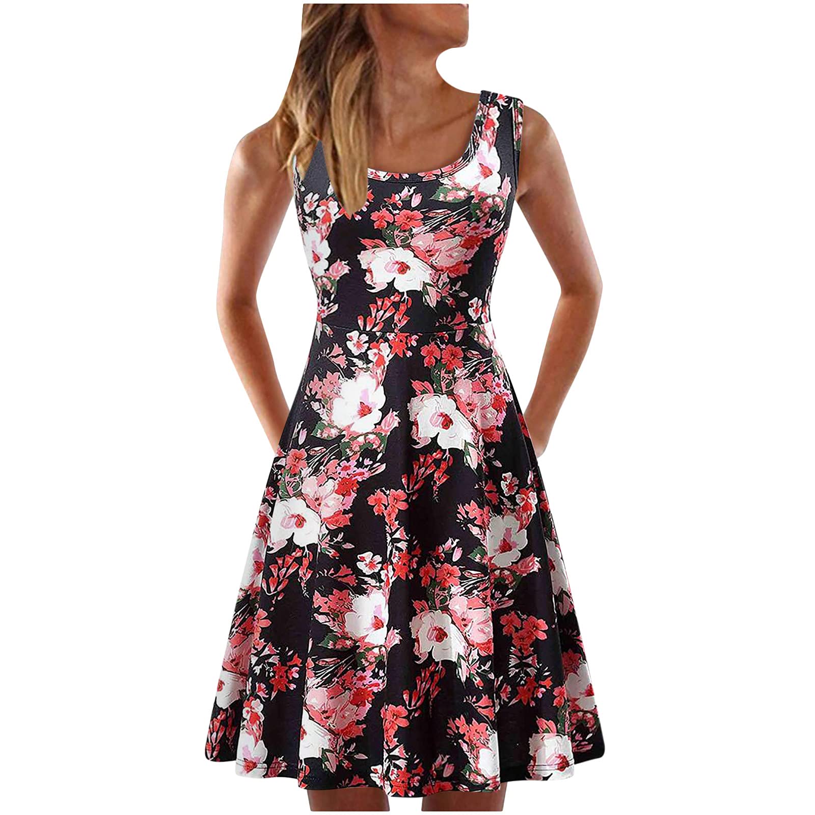 AMhomelyWomen Casual Sleeveless Dress O-Neck Map Print Knee-Length Beach Dress UK Size Party Elegant Dress Sale