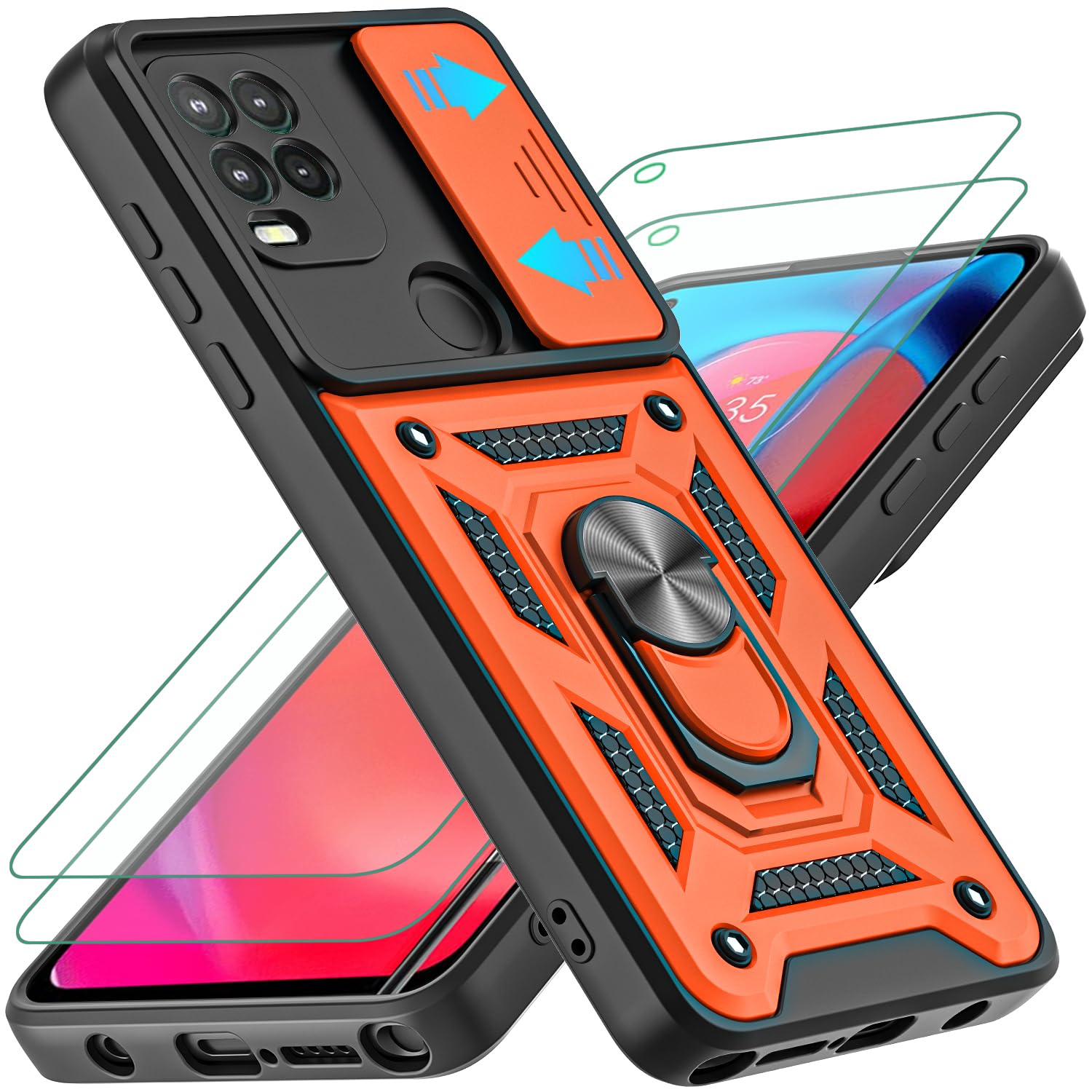 AKINIK for Moto G Stylus 5G Case with Slide Camera Cover and 2pcs HD Screen Protector, 360° Rotation Ring Kickstand [Military Grade] Case for Motorola