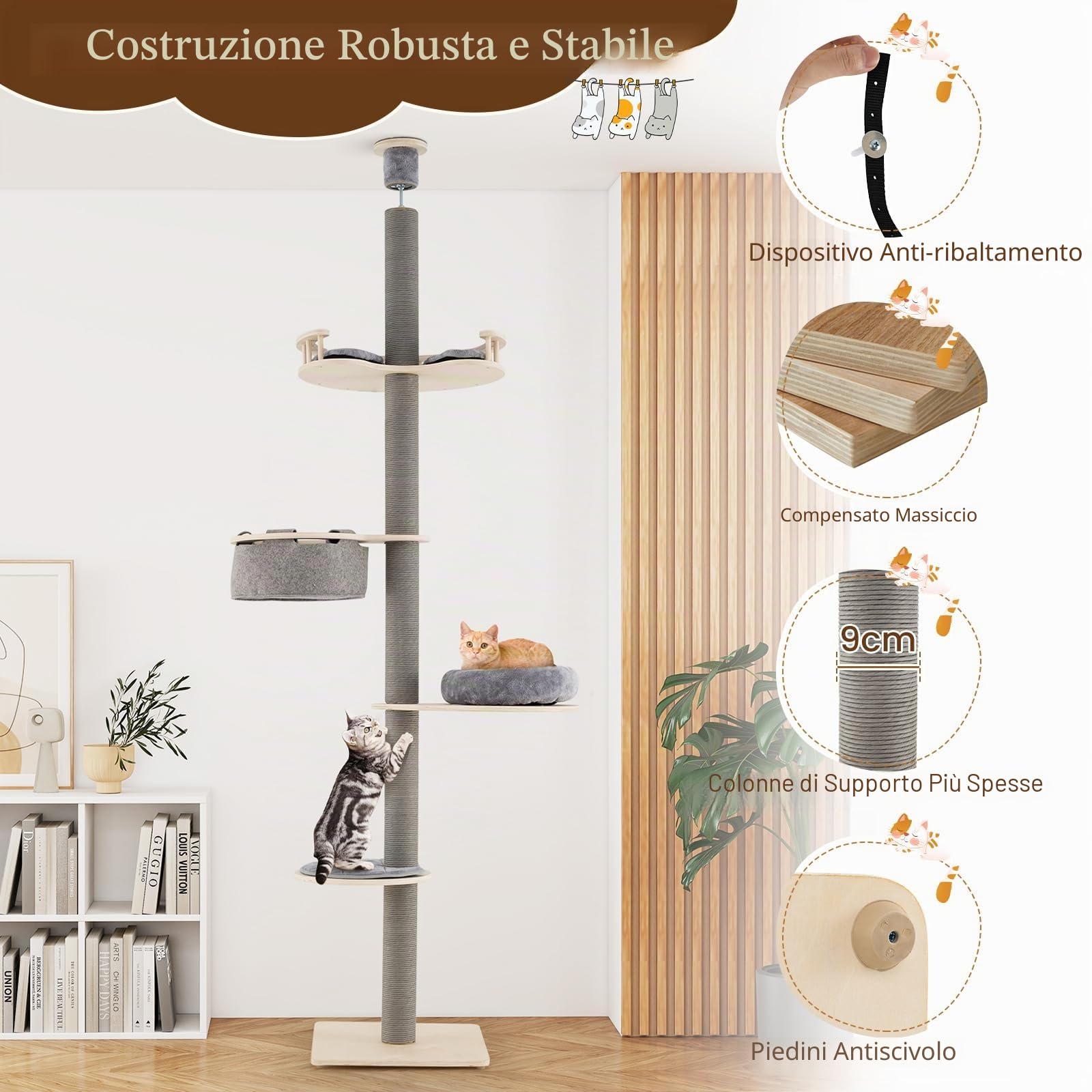 FANTASK Tiragraffi per gatti, a 5 piani, alto per gatti, dal pavimento al soffitto, con letto in peluche, amaca e piattaforme, albero da arrampicata in legno, 236-271 cm (grigio)
