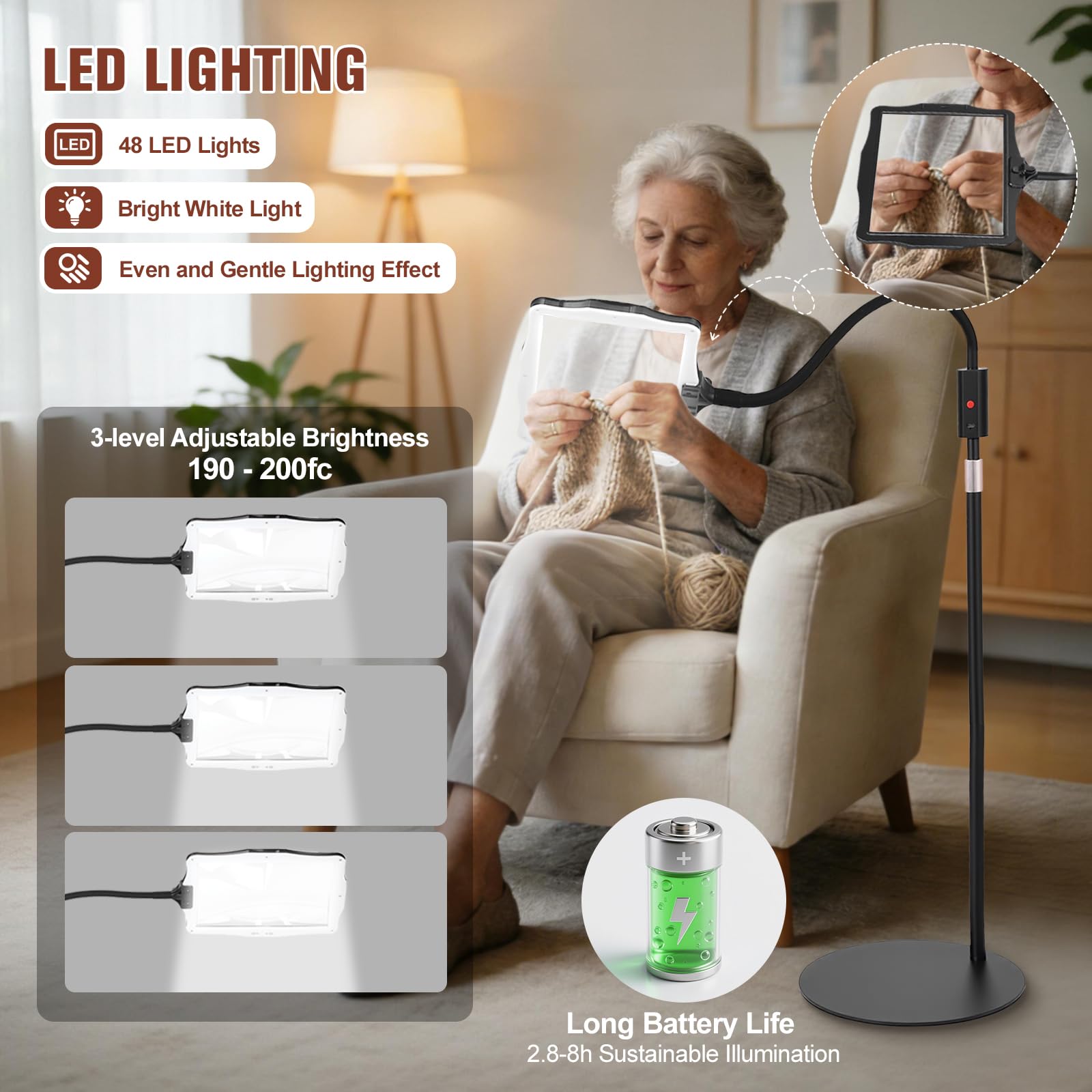 Lampada con lente di ingrandimento 15X con luce e supporto,lampada 4-in1 lampada da tavolo con lente di ingrandimento e luce con 48LED luminosità regolabile,collo d'oca flessibile lente ingrandimento