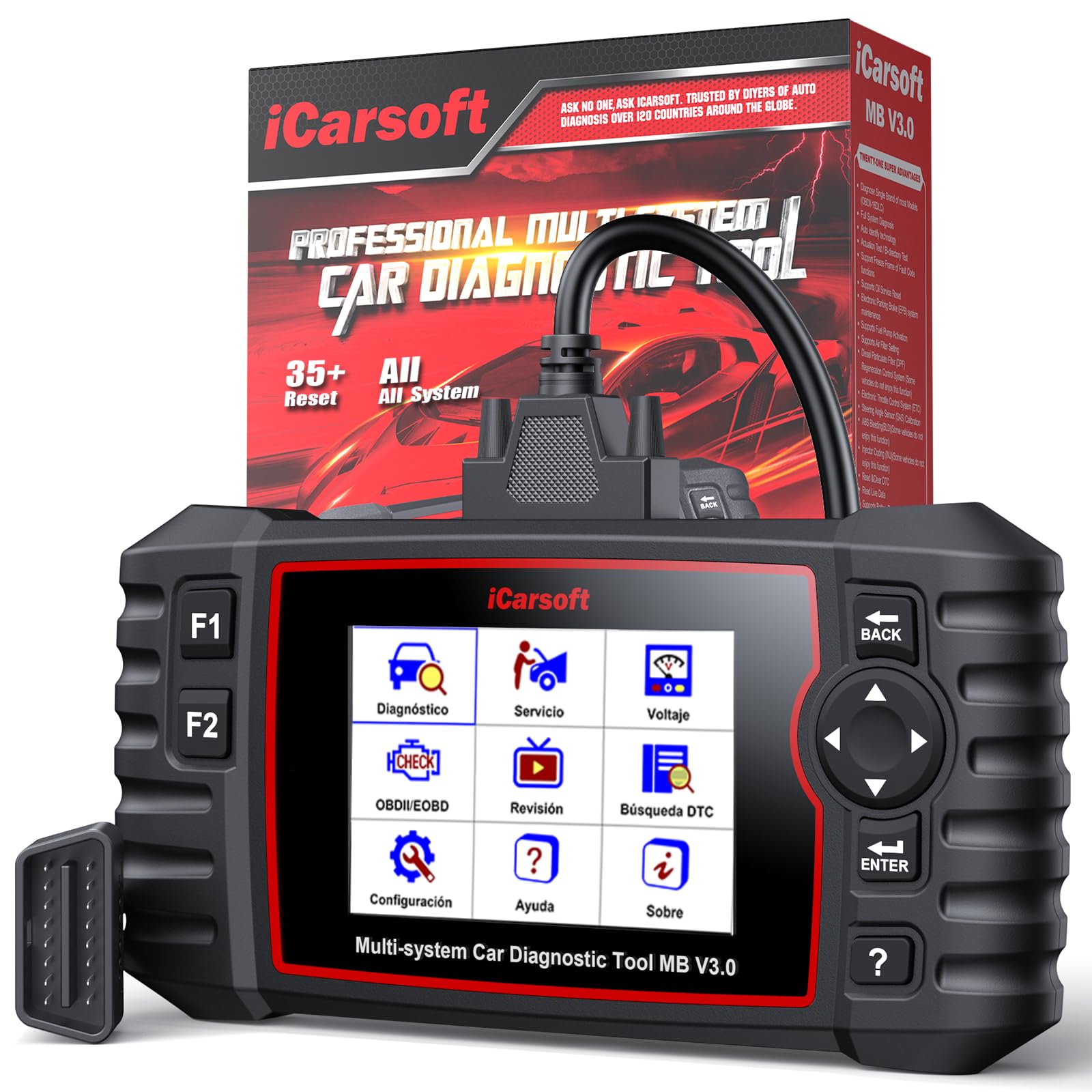iCarsoft MB V3.0 OBD2 Máquina Diagnosis Coche para Ben.z/Sprinter/Smart, Bidireccional Escáner de Todo el Sistema, 35 Funciones Reinicio, Prueba de Batería, Vin Automático, Actualizaciones de Por Vida