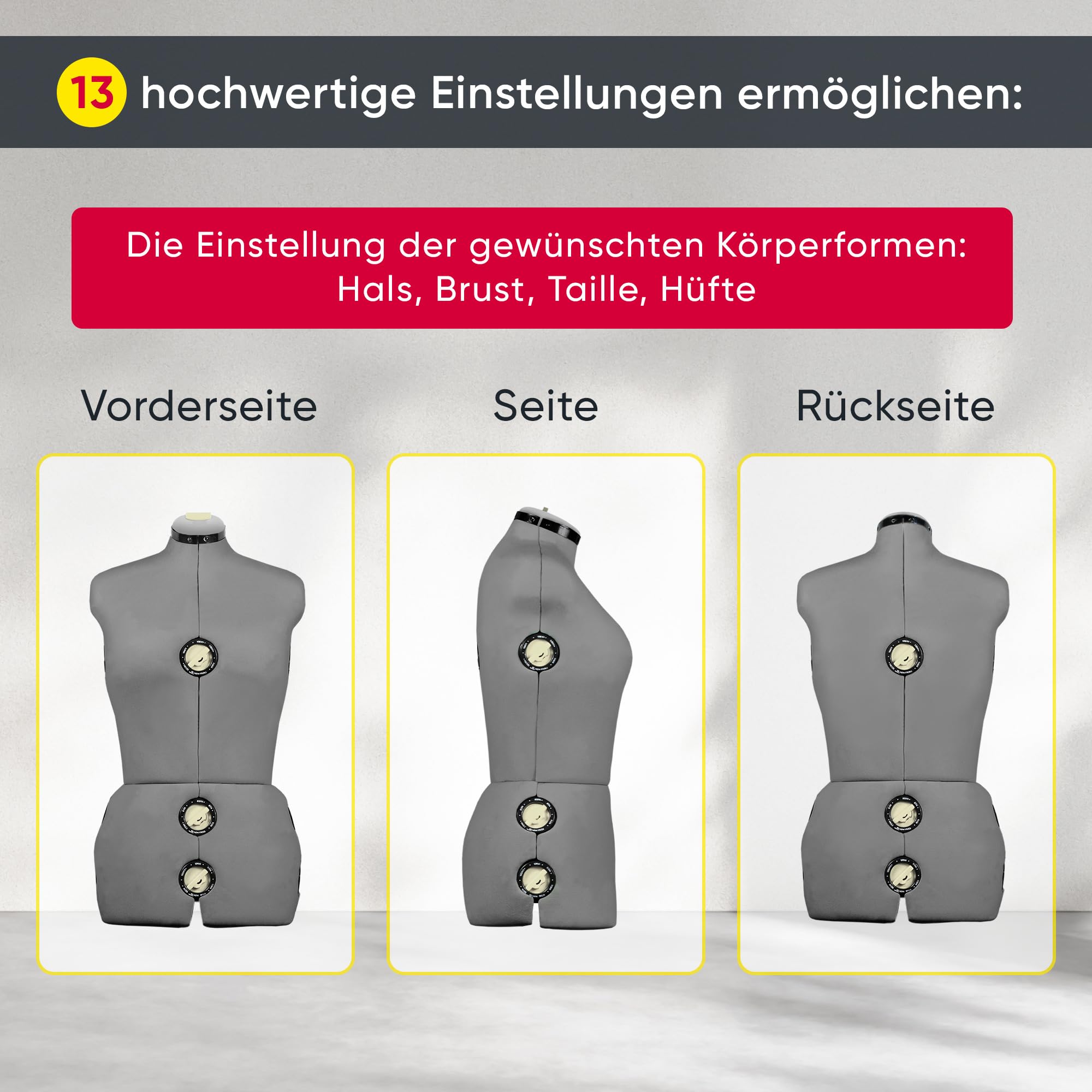 Nähpuppe für Schneiderinnen Ausstellung, höhenverstellbar Frau einziehbar Mannequin, Brustumfang 44-52 Euro, Ergonomisches Design mit Größe Fixatoren, 13 Elemente, Größe L-XXXL (Grau)