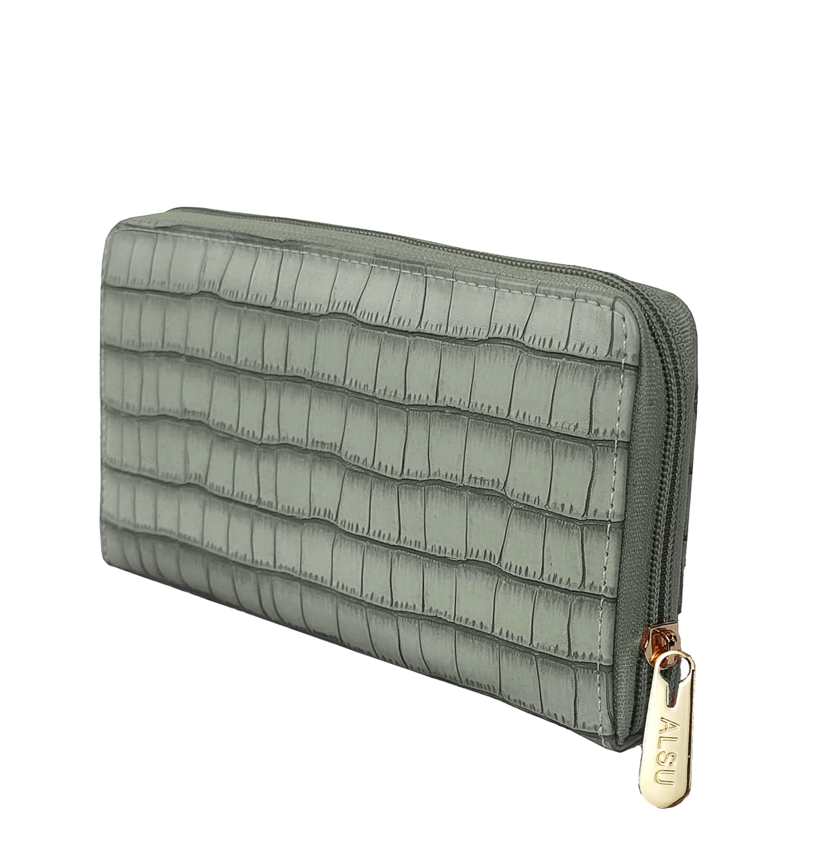 ALSUWomen's Green Hand Wallet Clutch | 8 Card Slots | Phone Pocket | Coins Pocket | Croc Design (jln-022litgrn)