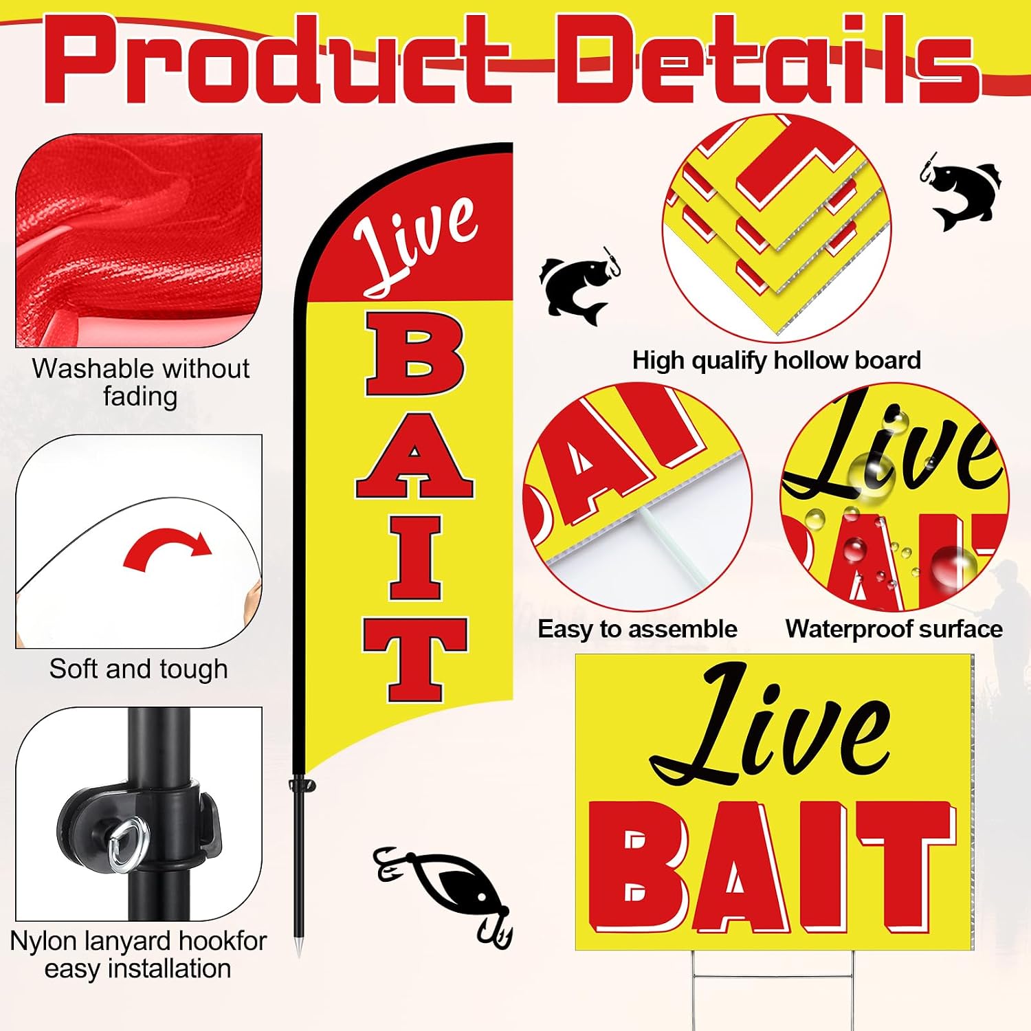 Breling Live Bait Sign Flag Pole Kit Include 7FT Feather Banner Flag with Poles 5 Pcs 16"x12" Live Bait Yard Signs Double Sided and Ground Stakes for Business Fishing Gear Stores Docks Stand Decor