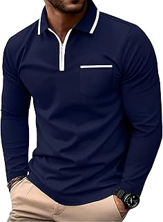 Men's Polo Shirts Zip Long Sleeve Classic T-Shirts Casual Golf Shirts Stylish Collared Tee