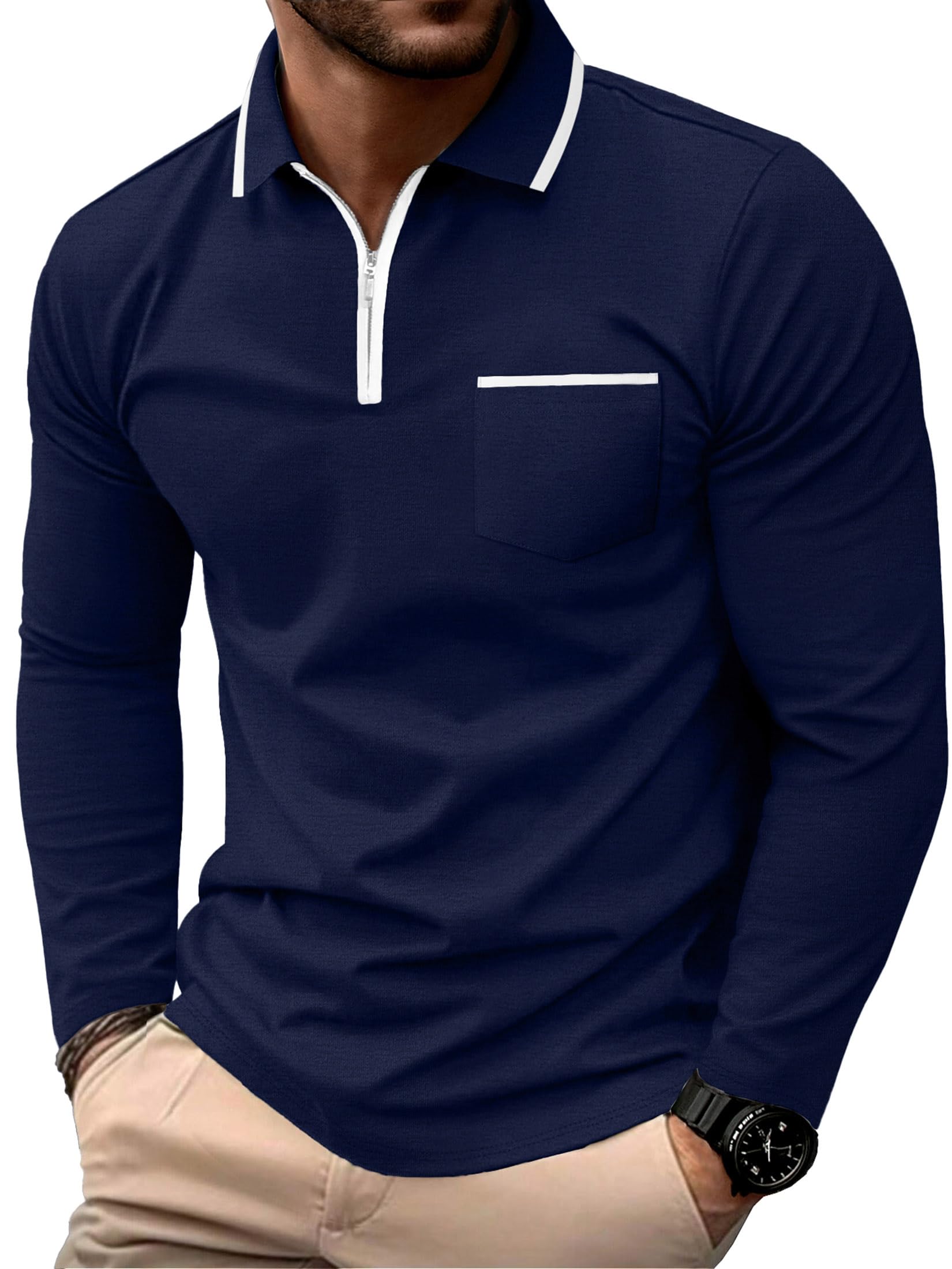 Askdeer Men's Polo Shirts Long Sleeve Zipper Classic Casual Golf Shirt Stylish Cotton T-Shirts