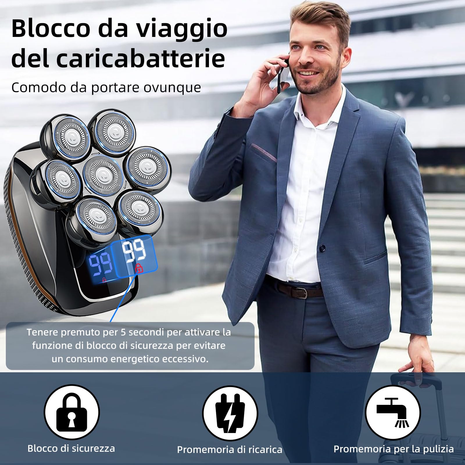 Rushmore Rose USA Rasoio Elettrico Barba Uomo 6 in 1, Rasoio Testa Calva con 7 Testine Rotanti, Impermeabile IPX7, Ricarica USB, Schermo LED Intelligente, Grigio