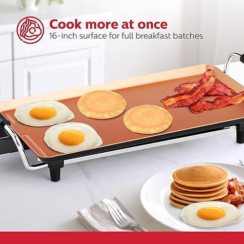 Miniatura 2 de Holstein Housewares Plancha eléctrica de 16 pulgadas, revestimiento antiadherente Healthy-Eco y sin humo, gran superficie de cocción para hacer