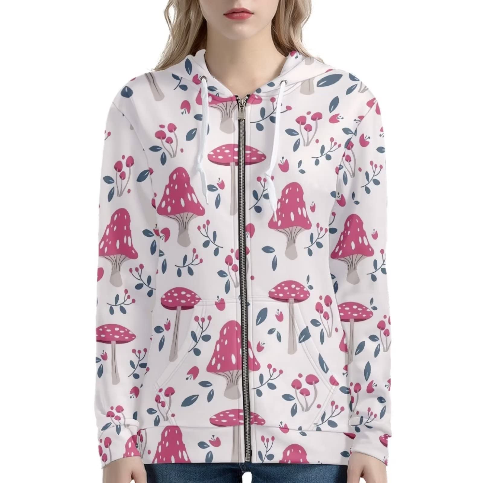 HUIACONG Bluza z kapturem zapinana na zamek błyskawiczny damska bluza z kapturem rozmiar XS-5XL nastolatki sweter, Różowy grzyb biały, XXL