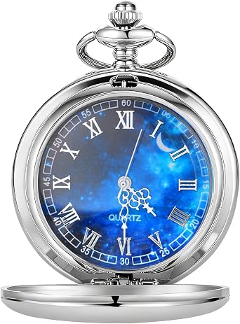 Tiong Pocket Watch Hollow Roman Numerals Vintage Blue Starry Design Quartz Pocket Watches with Chain Pendant for Men Women