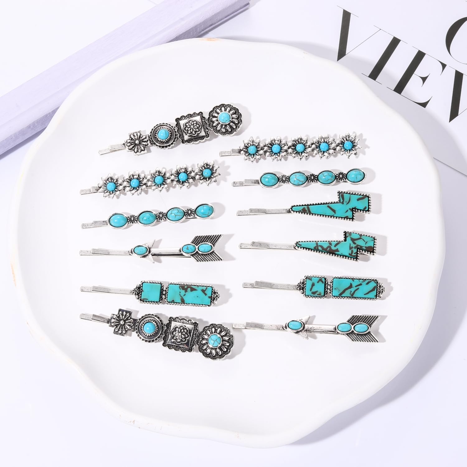 Vintage Chip Inlay Turquoise Hair Clip Pin Western Boho Bun Holder Marked Turquoise Hair Barrettes - Western Boho Hair Accessories  main image 2