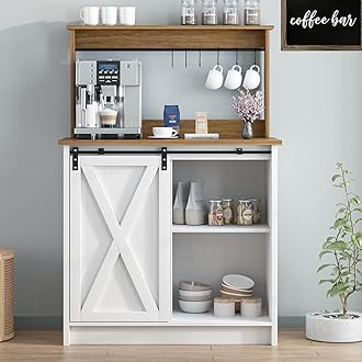 Farmhouse Coffee Bar with Hutch, White Coffee Bar Cabinet with Storage Sliding Barn Door, 31 Inch Buffet Cabinet with 6 Hooks, Coffee Bar Table with Adjustable Shelves for Living Dining Room