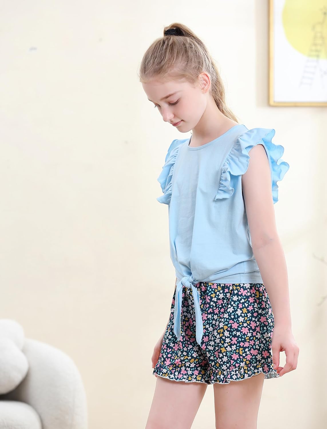 Girls Summer Outfits Flutter Sleeve Twist Front Tops and Cute Shorts 2 Piece Shorts Set
