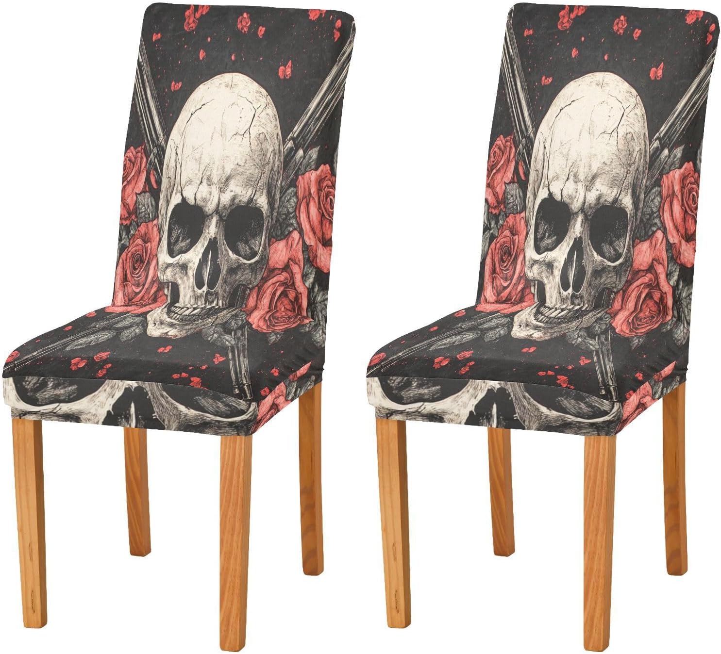 ALAZA Chair Covers for Dining Room, Skull Crossed Guns and Roses Stretch Chair Cover Sets Chair Protector Removable Washable for Ktichen Restaurant Hotel