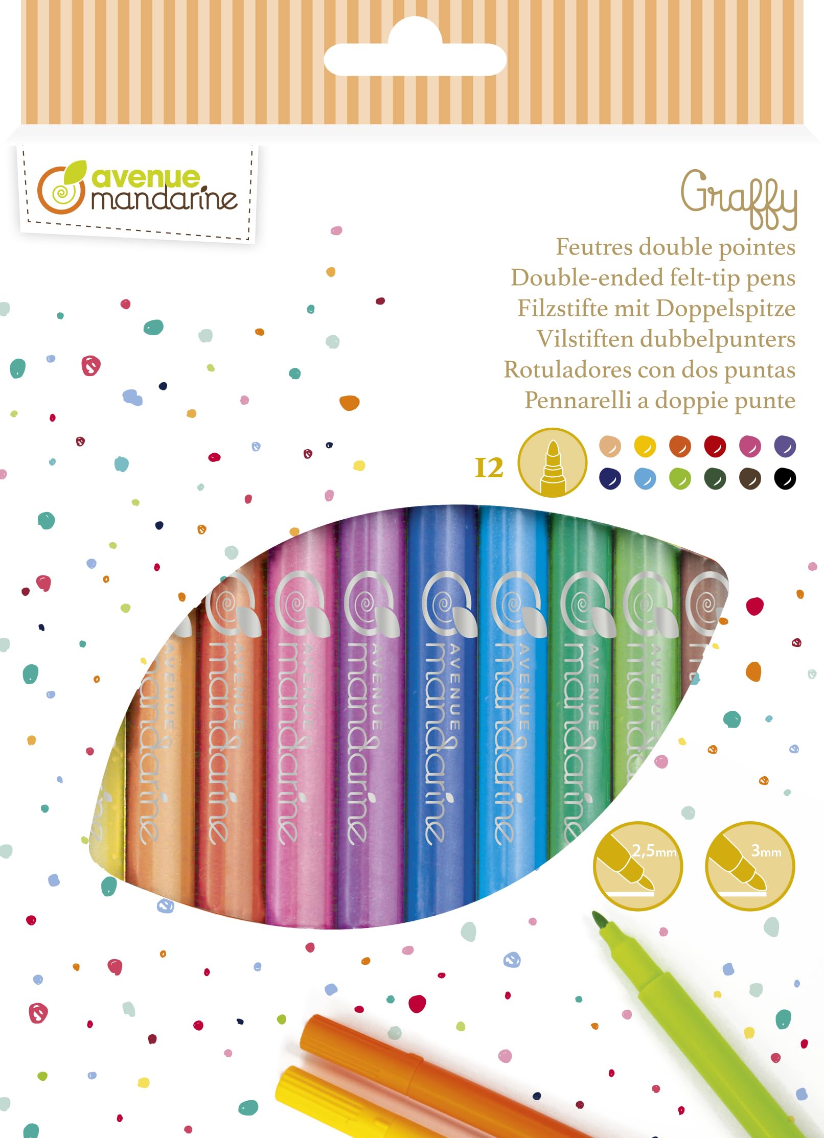 Avenue Mandarine - Ref CC031O - Double-Ended Felt-Tip Pens (Pack of 12) - Machine Washable, Fine Tip & Wider Tip on Each Pen, Bright & Vivid Colours, Ideal for Budding Artists