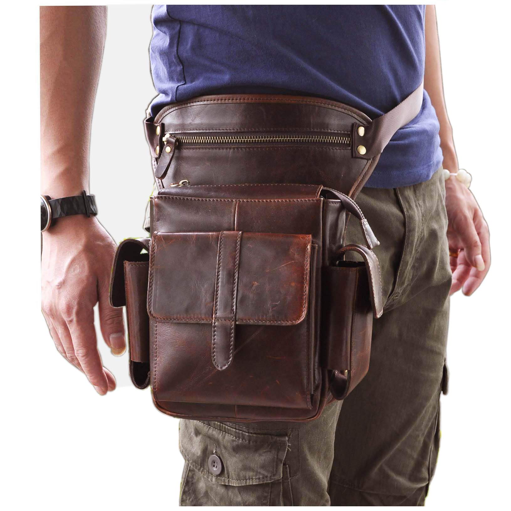 Le'aokuu Sacs en Cuir Véritable Messager Sac de Jambe Sacs à la Taille Sports Randonnée (913-5 A3 Café)