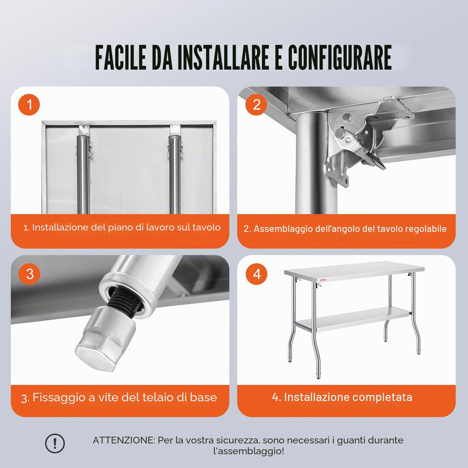 VEVOR Tavolo Acciaio Inox Professionale 40,8 Libbre Tavolo da Lavoro per Cucina 48 x 24 x 33,5 Pollici, Capacità di Carico 350 kg, Piano Lavoro Commerciale per Ristorante