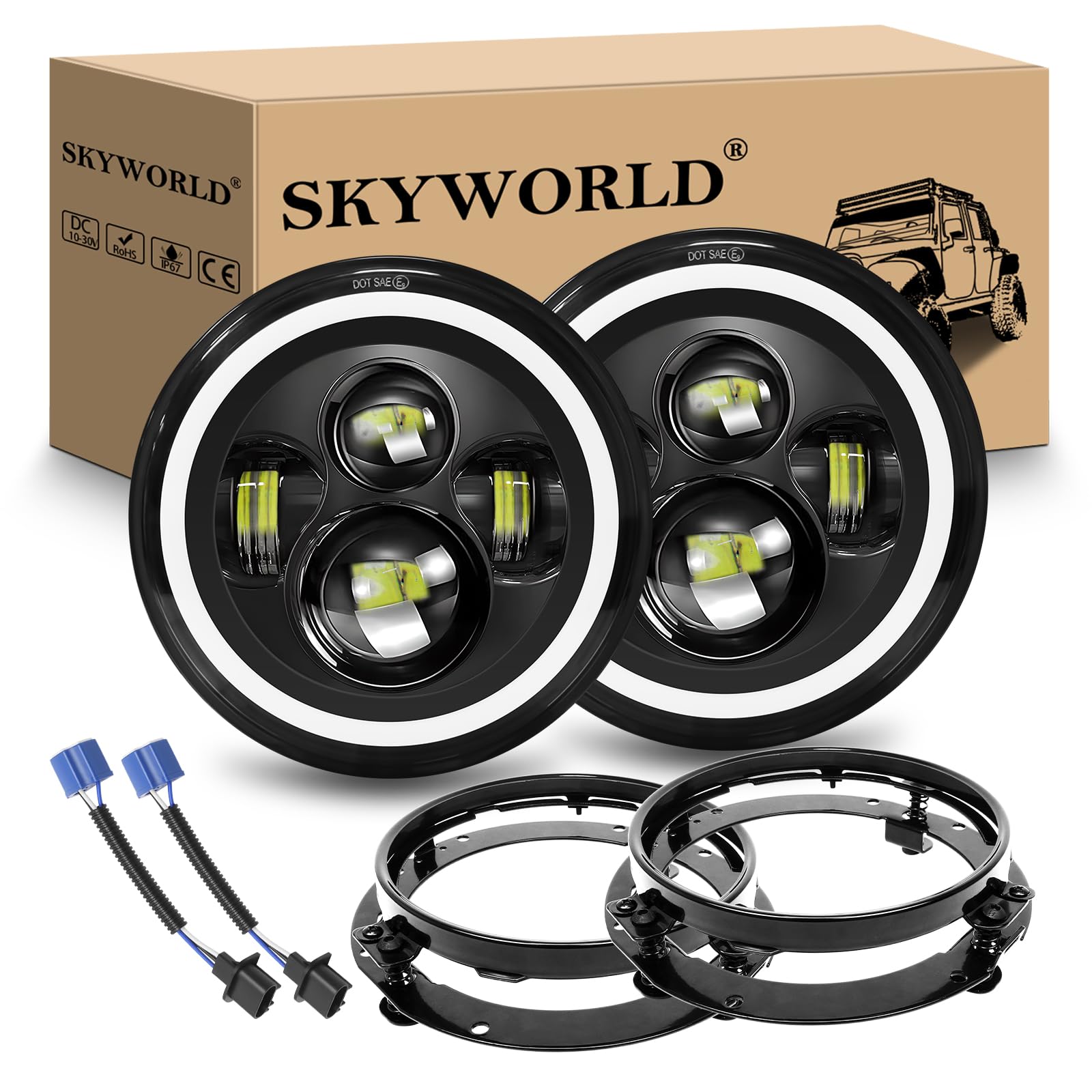 SKYWORLD 7 pulgadas Faro LED Redondo con anillo de soporte de montaje, 50W Hi/Lo Luz de trabajo LED Blanco Ámbar Iluminación Off Road Lights Halo DRL para Harley Wrangler JK TJ LJ CJ JP Humm-er