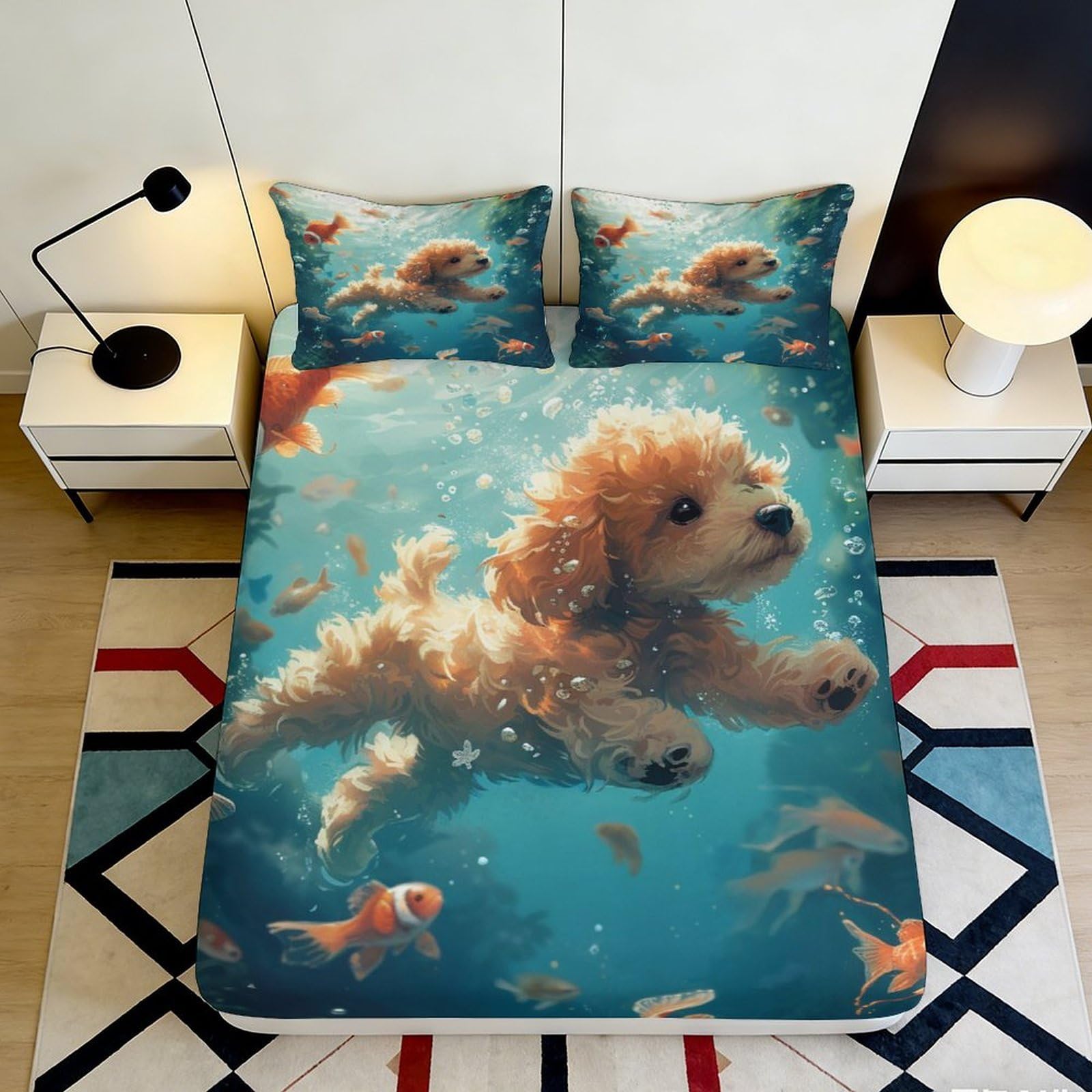 3D Printed Puppy Underwater Fitted Sheet Microfiber Soft Breathable Goldfish Mattress Cover for Bedroom Dorm Mattress Protection Decor 140x200x25cm