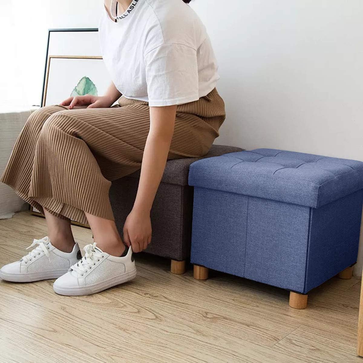 BRIAN & DANY Foldable Storage Ottoman Footrest and Seat Cube with Wooden Feet and Lid, Blue 15” x15” x14.7” : Home & Kitchen