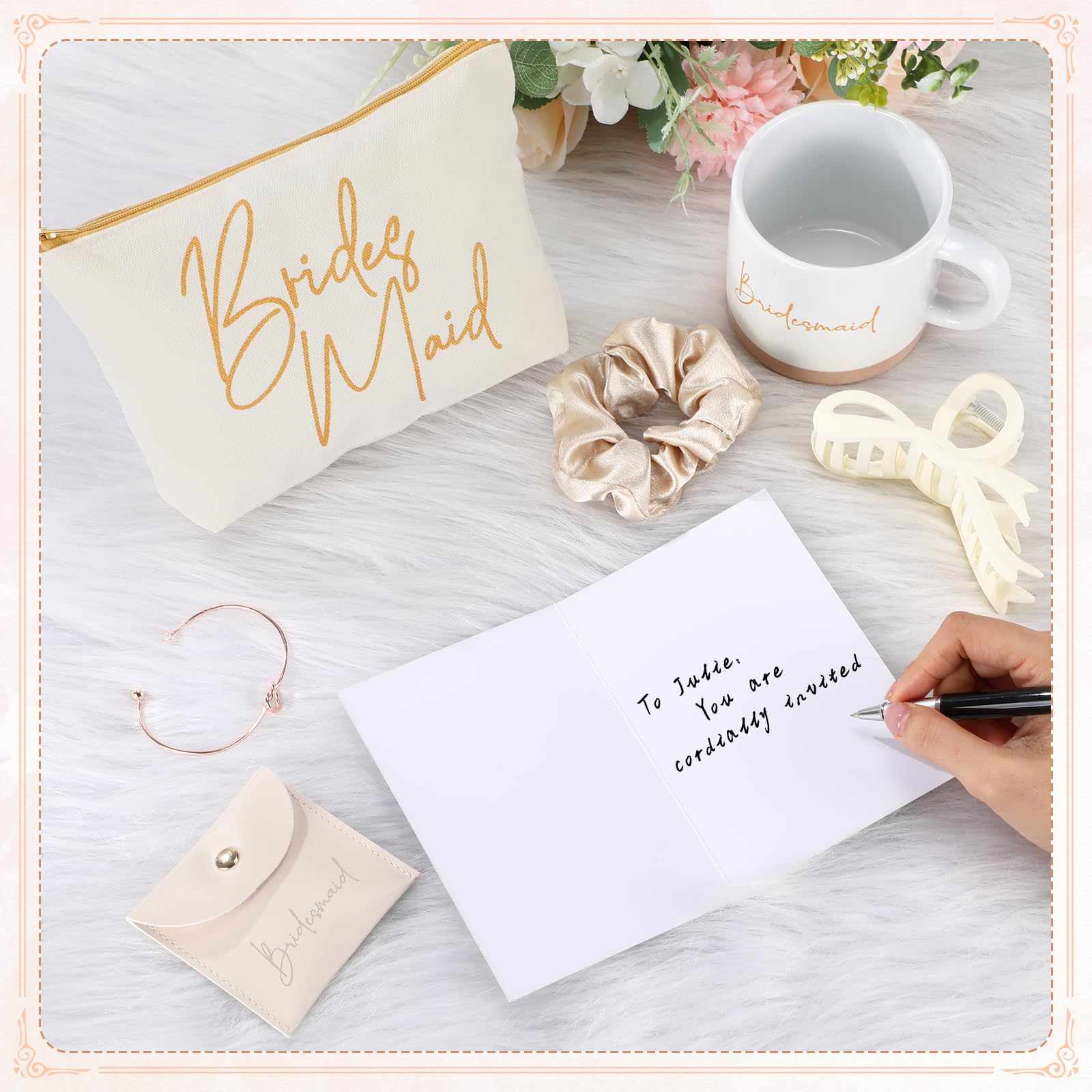 Didaey 42 Pcs 6 Sets Wedding Favors Bridesmaid Proposal Gifts Maid of Honor Ceramic Coffee Cups Cosmetic Makeup Bags Invited Cards Scrunchies Knotted Bracelets Jewelry Bags Hair Claw Clips(Champagne)