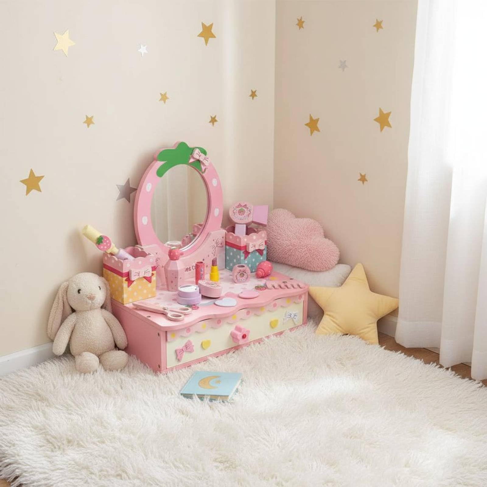 Tavolo Trucco Bambini Toeletta Gioco Specchio Realistico Legno Lavorato Accessori Trucco Finto Gioco di Ruolo Autostima Creativa Adatto per Cameretta Regalo Bambina, Cuore Da Tavolo