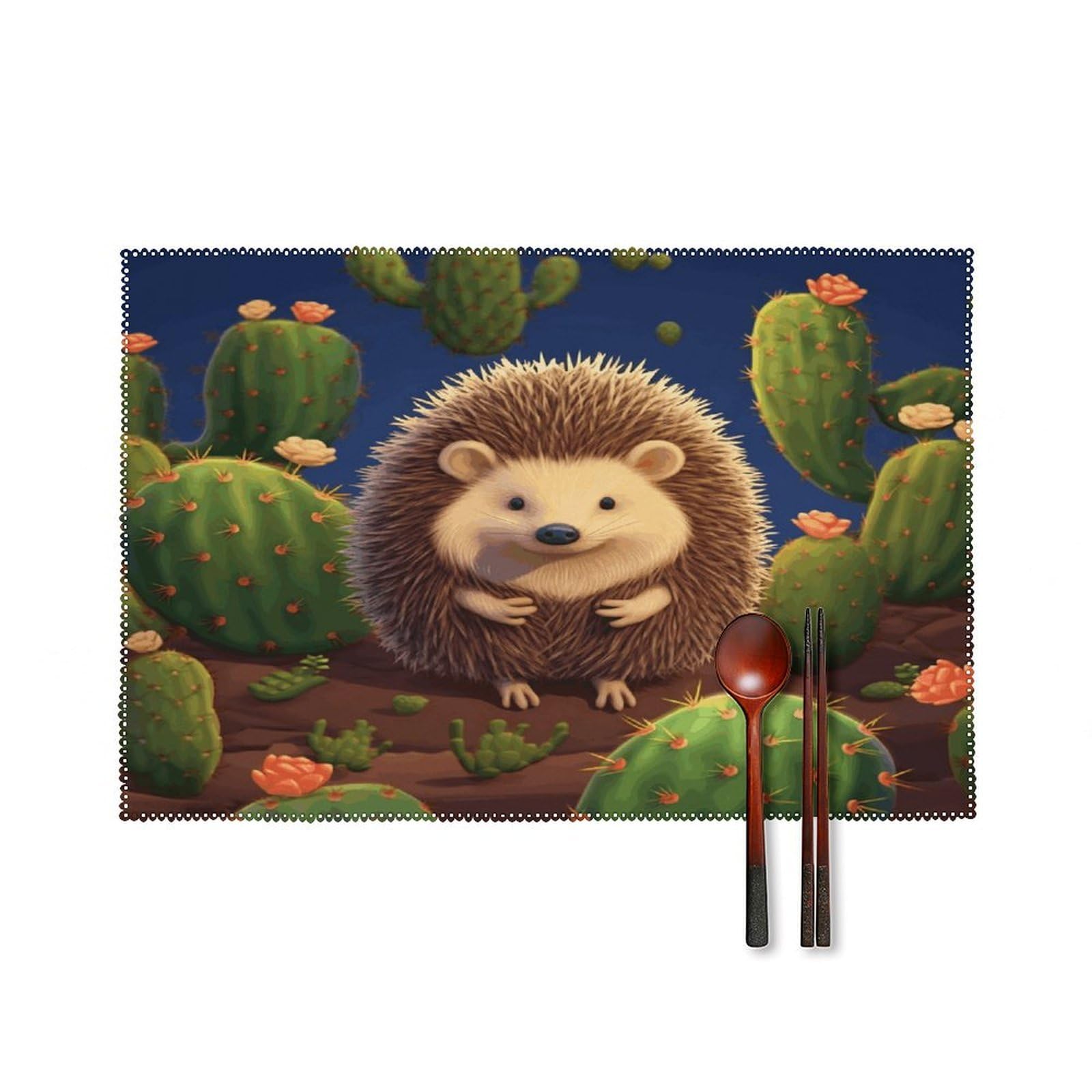 Hedgehog Cactus Placemats Set of 4 Heat Resistant Non-Slip Place Mats Reusable Dining Table Mats Canvas Place Mat Anti-Fading Waterproof Placemats for Dining Table Decor