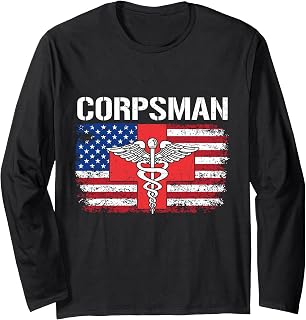 Hospital Corpsman Flag American USA Military Veteran Long Sleeve T-Shirt