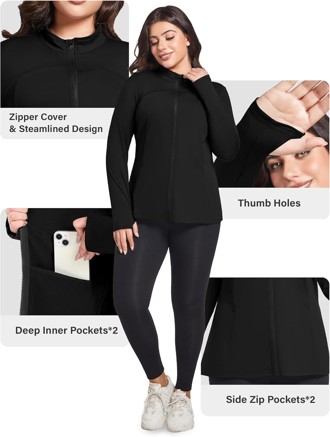 FOREYOND Plus Size Jackets for Women Athletic Workout Running Jacket Full Zip up Lightweight Yoga Tops with Thumb Holes - Image 2