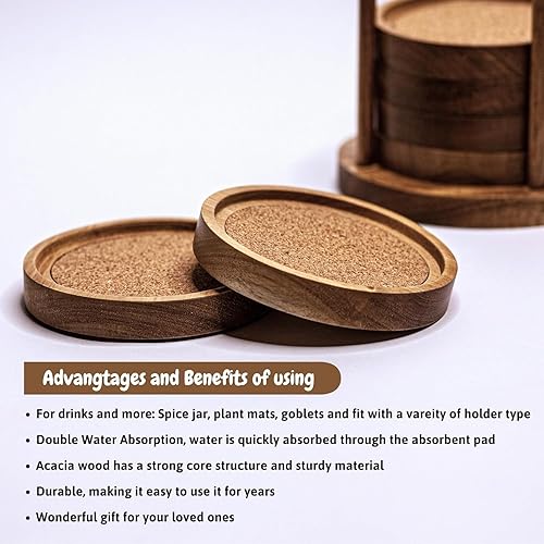 Miniatura 2 de Posavasos de madera para bebidas con soporte de madera, posavasos de madera con corcho para protección de mesa, posavasos para mesa de café,