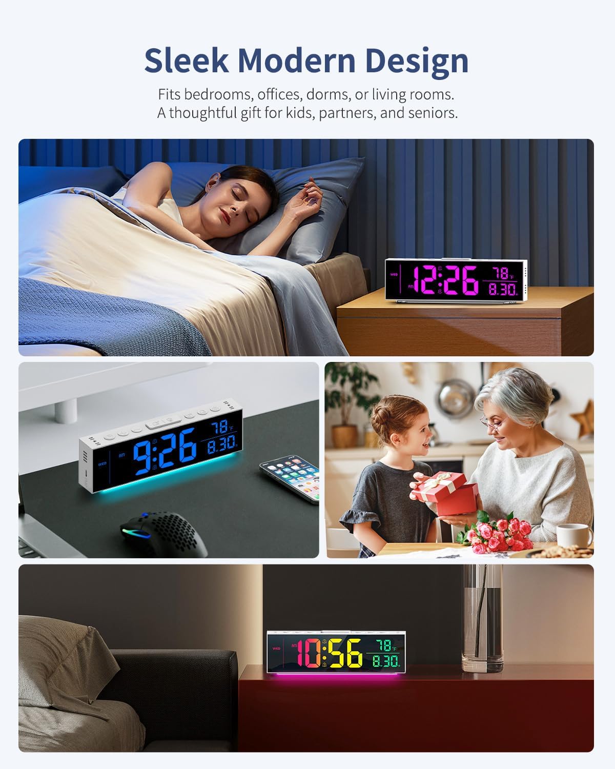 Digital Clock, Alarm Clock for Bedroom, Digital Wall Clocks for Classroom, Living Room Decor, Desk Clock Large Display, 13 Number Display Colors, 12 Ambient Light Colors, Auto Dimming, DST (White)