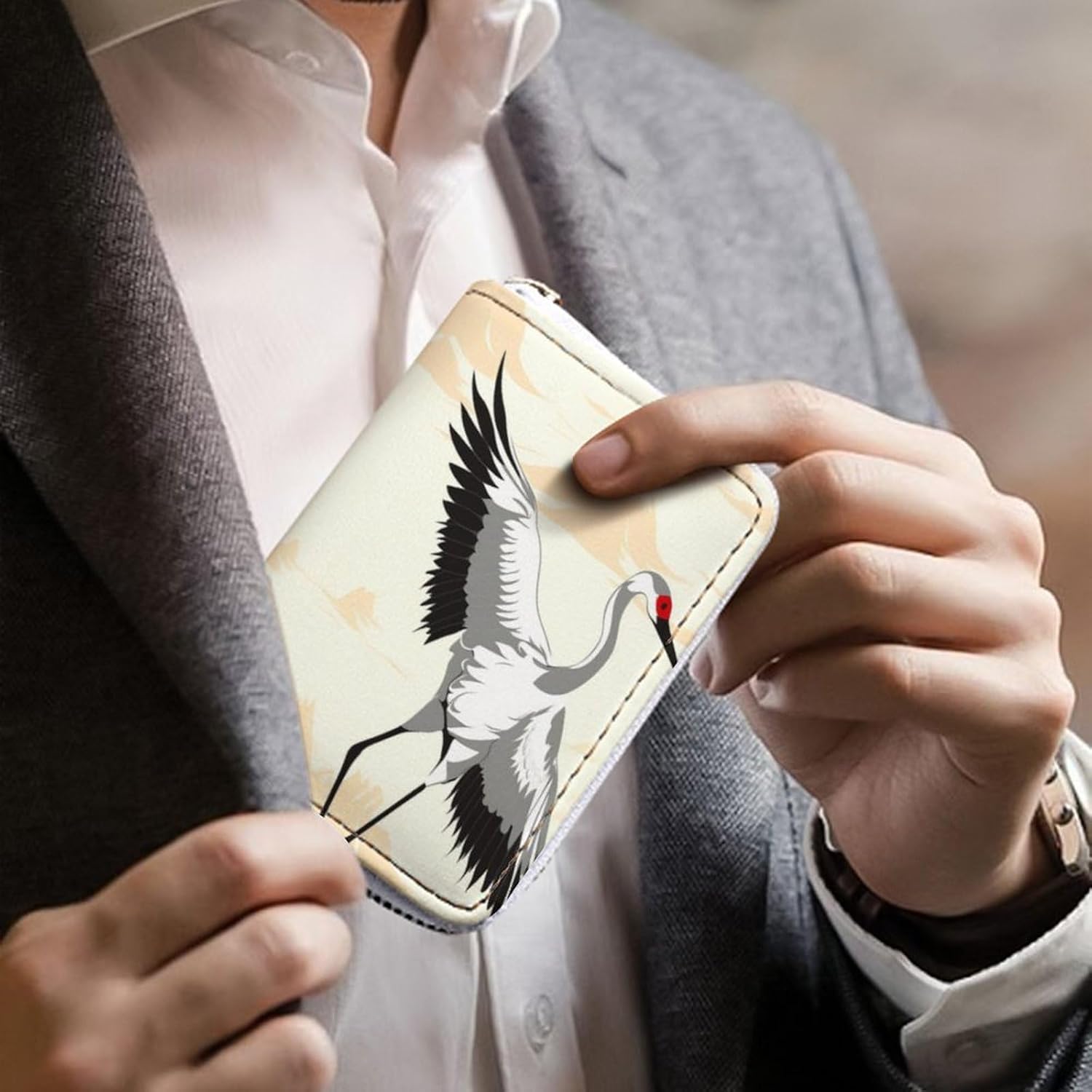 Leather Card Organizer Case Card Wallet Credit Card Holder Japanese Crane Printed Zipper Card Cases Holder for Women Men