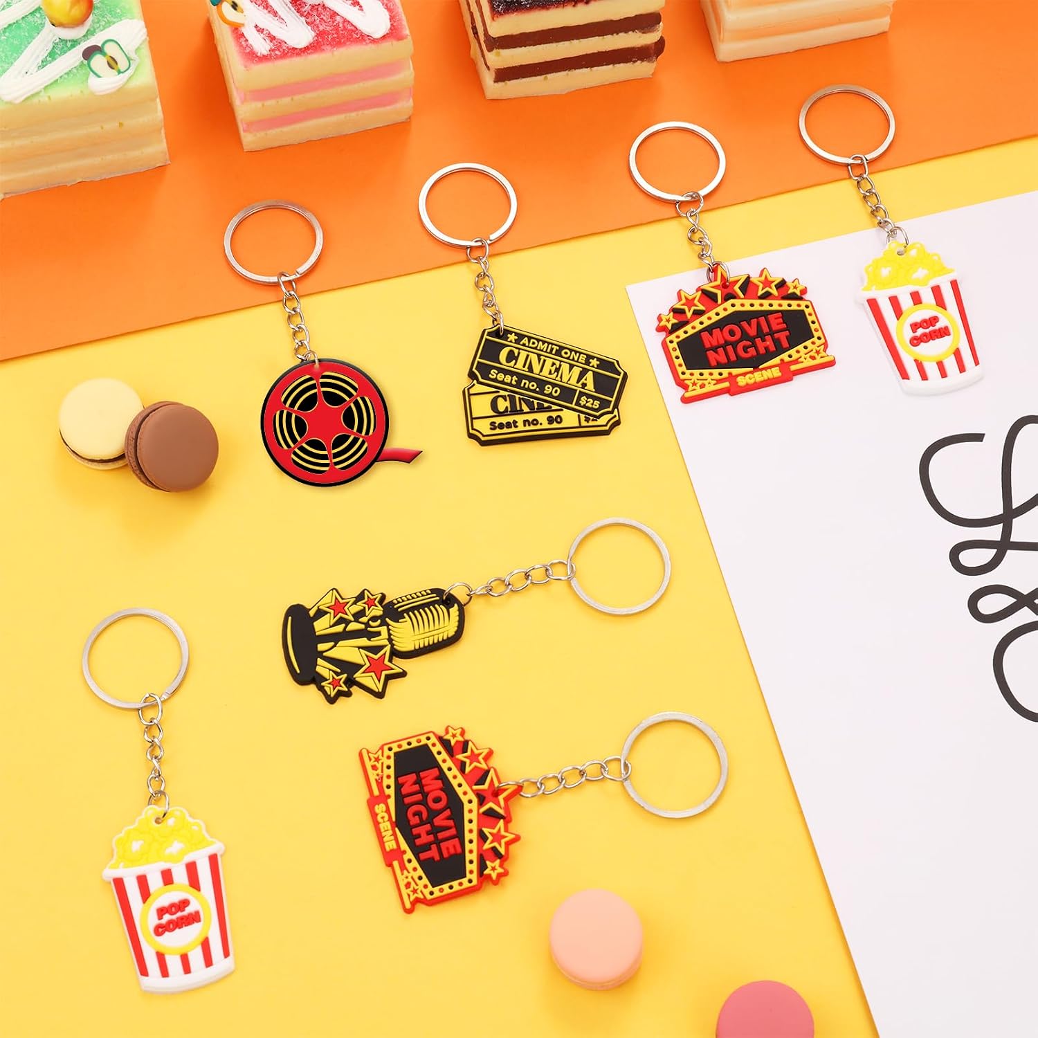 Serencatcher 24PCS Movie Night Keychains, Movie Night Party Favors Include Clapboard Microphone Ticket Popcorn Microphone Projector Keychains for Birthday Party Decorations Supplies Classroom Rewards