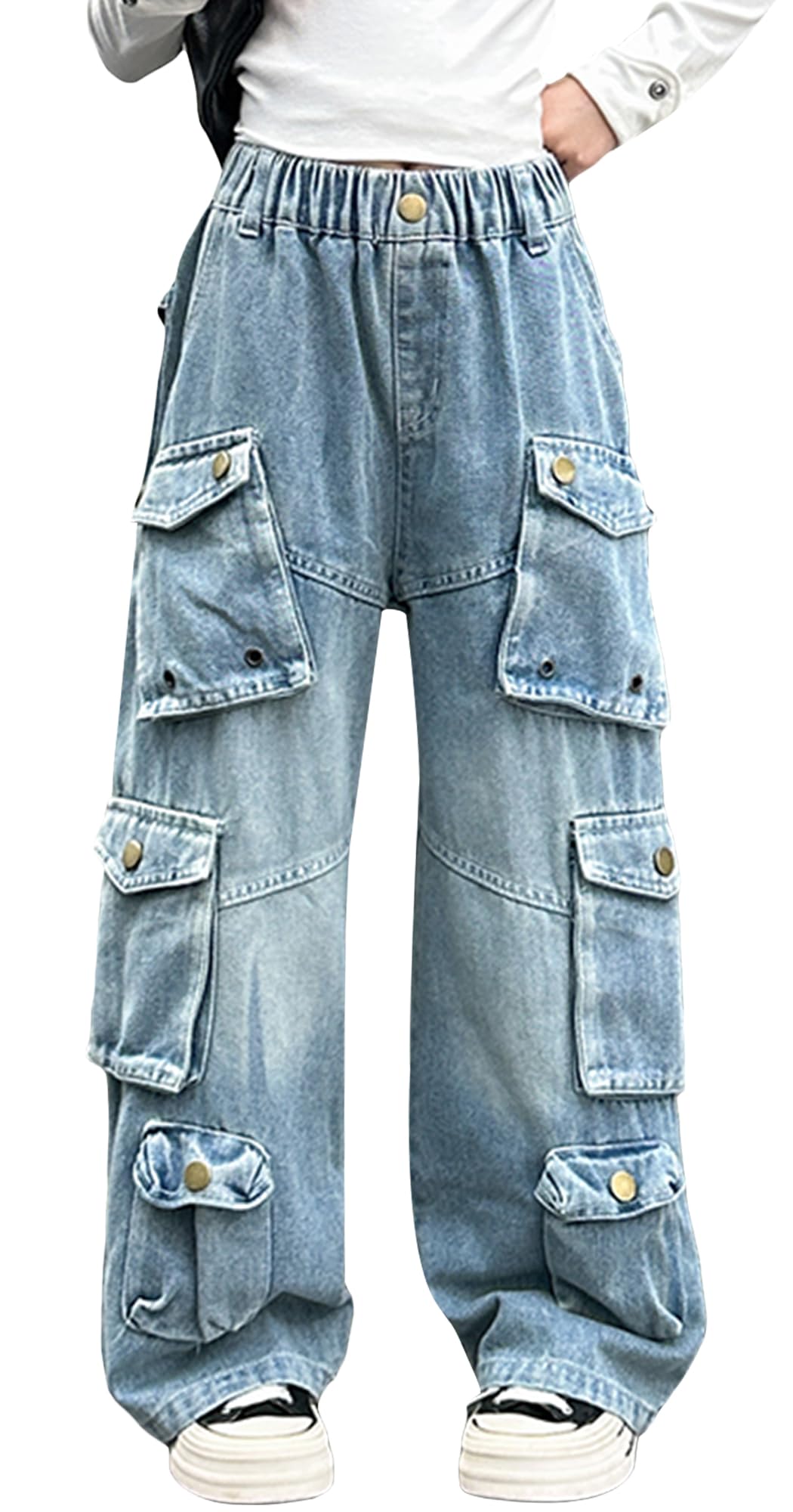 Maeau Jeans mit Weitem Bein für Mädchen, Denim Hose Gerade, Cargo Freizeithose mit elastischem Bund und Taschen, Größe 120-170