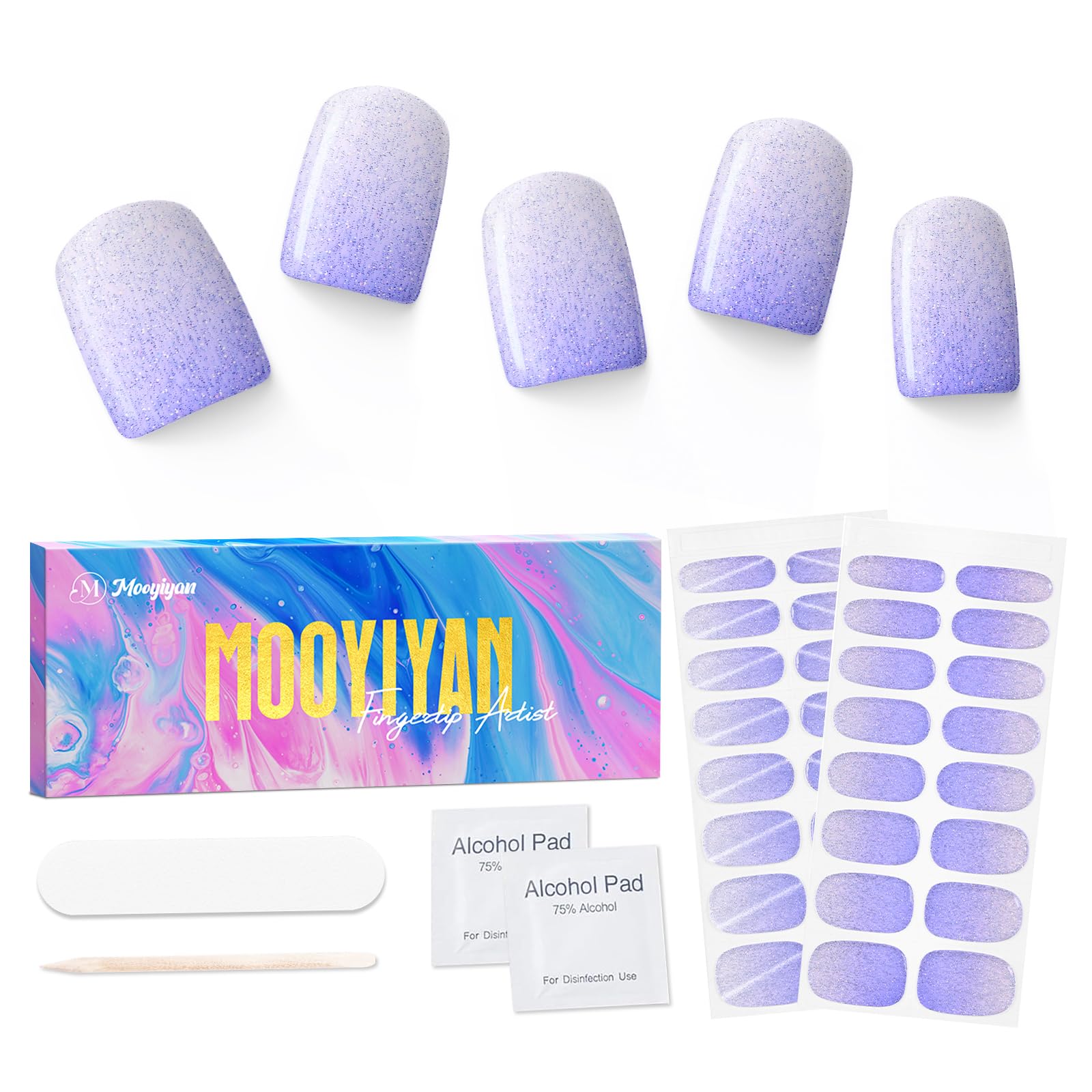 MOOYIYAN Semi Cured Gel Nail Stickers 32 PCS|Cat Eye/Frosted Gel Nail Strips|Compatible with Any UV/LED Lamps|Long-Lasting Real Nail Polish Strips for