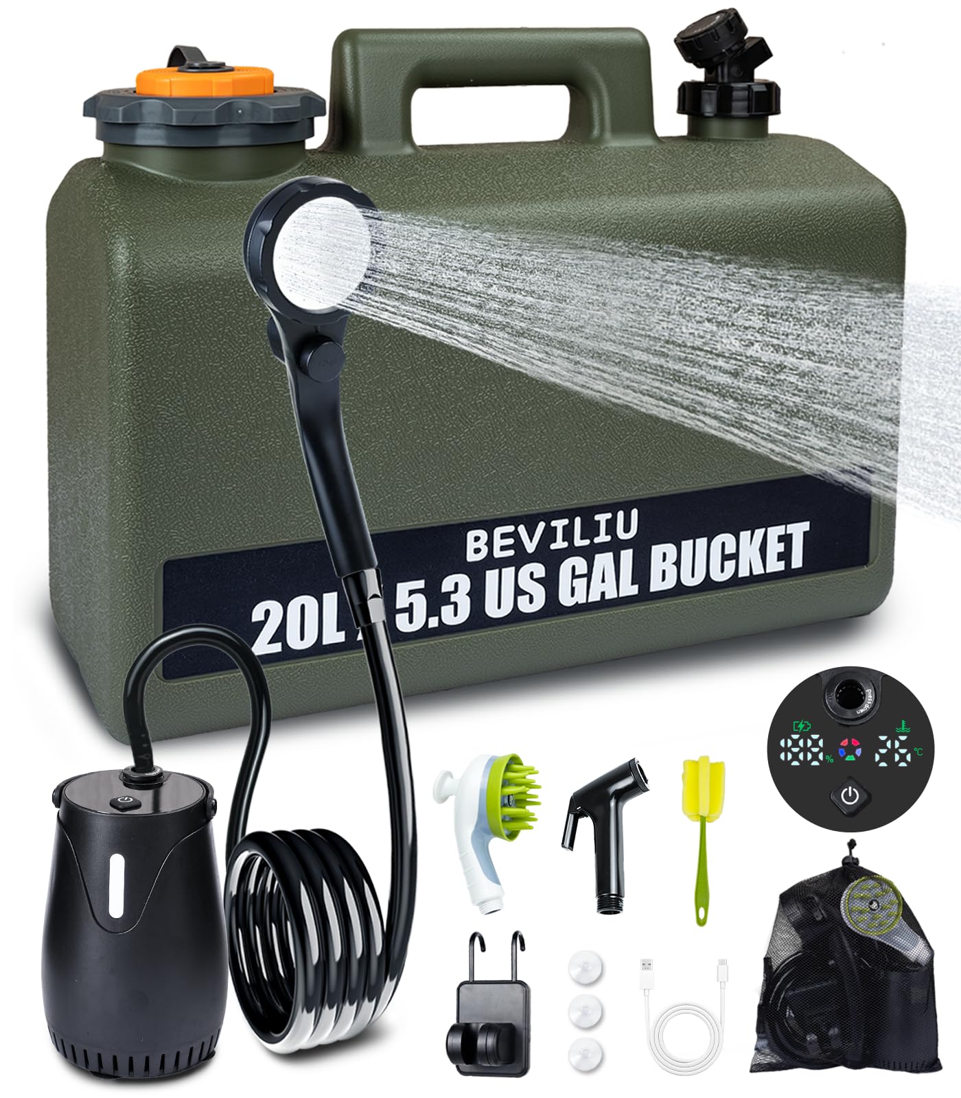 Beviliu Tragbare Campingdusche, 6000 mAh wiederaufladbare Duschpumpe mit 5,5 Gallonen Wassertank, IPX8 wasserdichte Outdoor-Ausrüstung, tragbare Dusche für Camping, Wandern, Reisen, Auto, Haustier