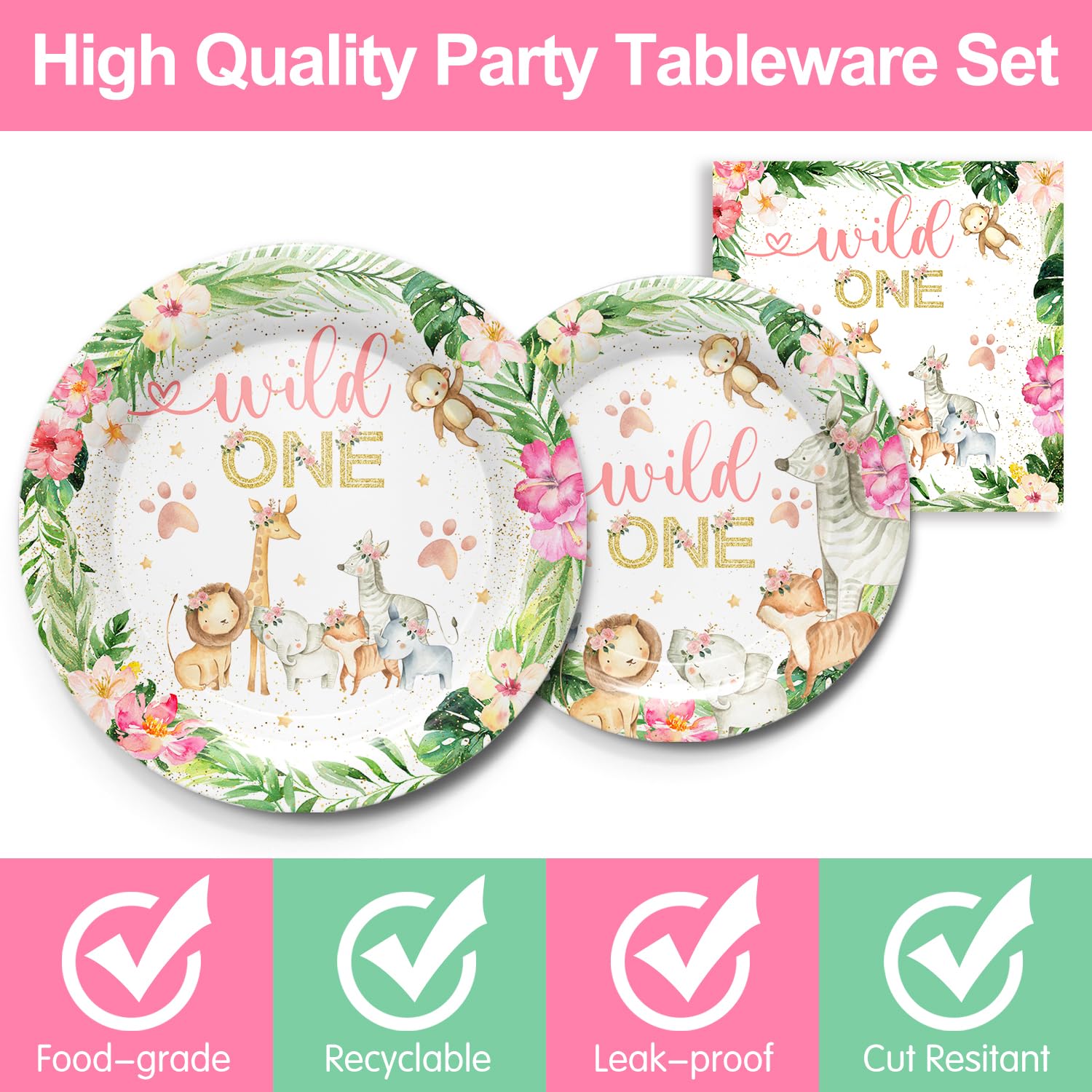 Wild One Birthday Party Supplies for Girls Tableware Set - Safari Birthday Decorations Include Plates, Napkins, Cups, Cutlery, Animal Jungle Theme Wild One Party Supplies | Serves 24