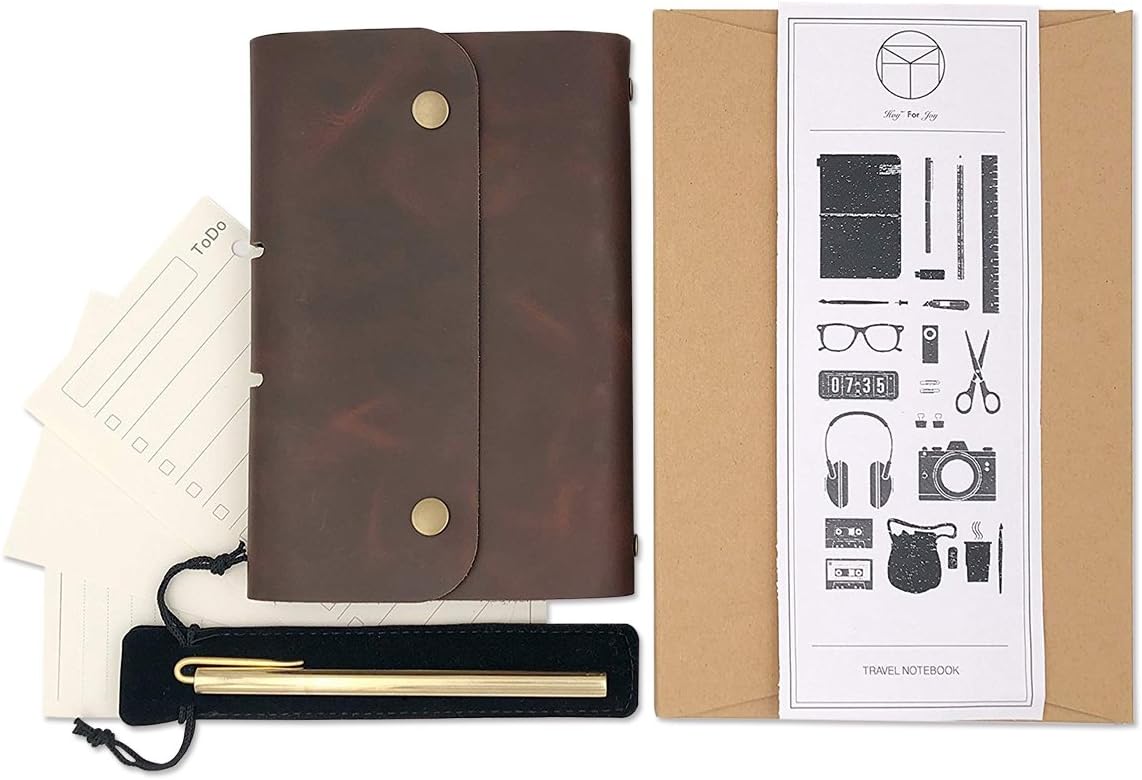 HOY Genuine Leather Vintage Notebook, Refillable Loose-leaf Binder Daily Journal for Men & Women, Blank Kraft Paper, A6 Size 7.28'' x 4.92 Notepad (Notepad + Refill + Brass Pen + Gift Box)