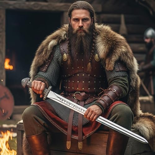 Espada vikinga hecha a mano Espada real de Ragnar Lothbrok acero al carbono, espiga completa, funda de cuero de guardia de latón Espada de