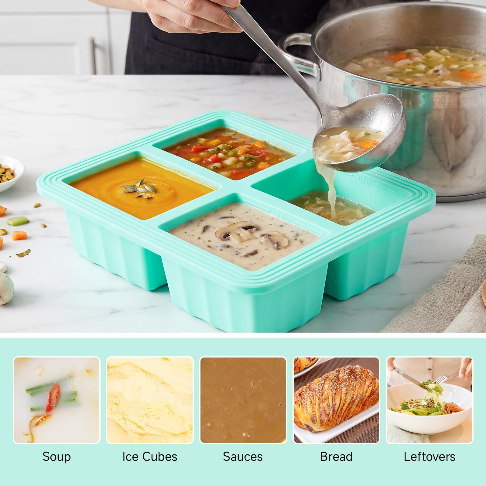 Contenitori Congelatore Silicone con Coperchio 4x250ml Stampo Porzioni Impilabili Senza BPA (Verde)