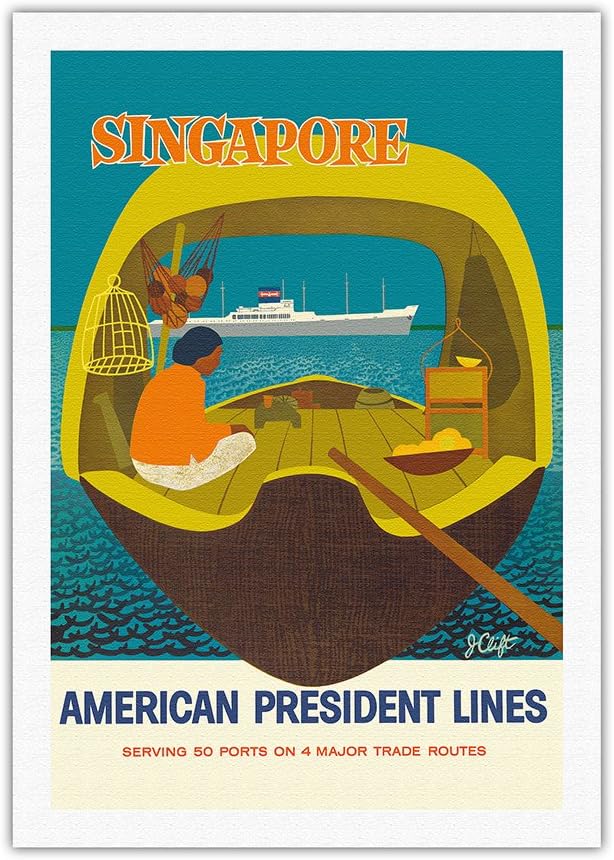 Pacifica Island Art Singapore - American President Lines - Vintage Ocean Liner Travel Poster by John Russell Clift c.1958 - Fine Art Rolled Canvas Print - 27in x 40in
