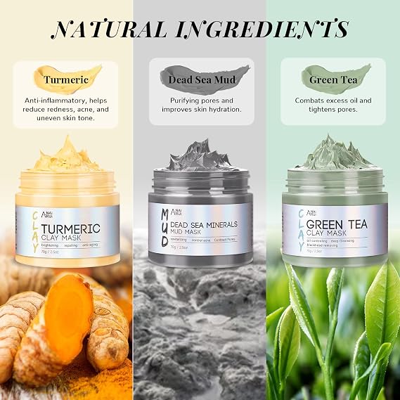 ANAiRUi Face Mask Gift Set for Christmas 70g*3, Turmeric Clay Mask - Green Tea Clay Face Mask - Dead Sea Minerals Mud Mask, Stocking Stuffers for Women &Teen Girl