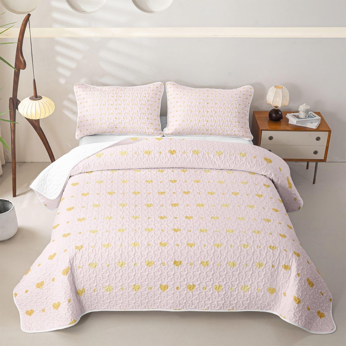 Manfei Love Heart Quilt Set,Polka Dots Quilted Coverlet Kids Boys Girls,Sweety Retro Style Lightweight Soft Bedspread Coverlet,Pink Bedding with 2 Pillow Sham Full Size