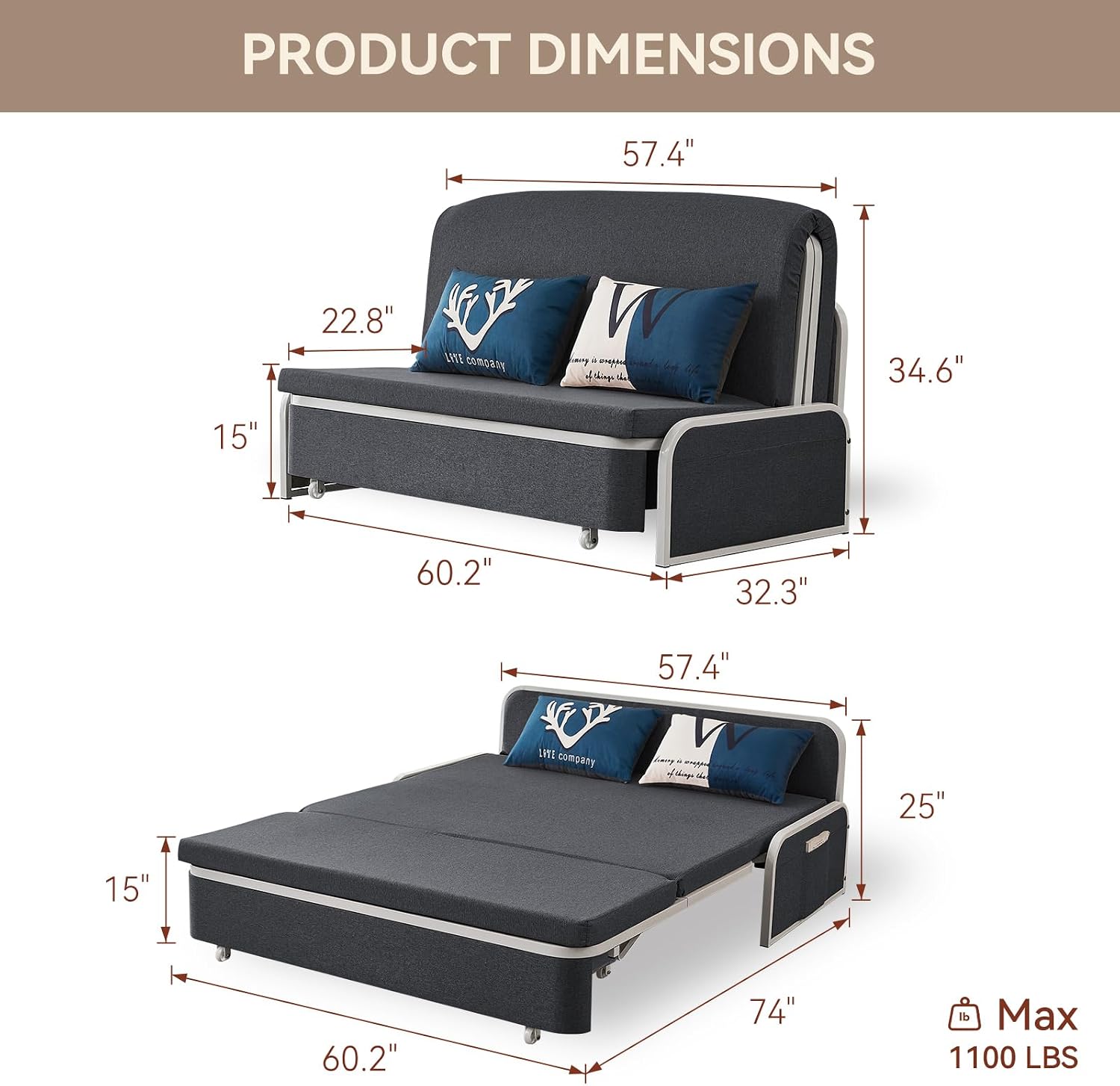 60" Pull Out Sofa Bed, 3 in 1 Convertible Sleeper Sofa, Full Size Loveseat Couch Bed with Storage, Trundle and 2 Pillows for Living Room, Bedroom, Dorm, Office, RV (Charcoal Gray-909)