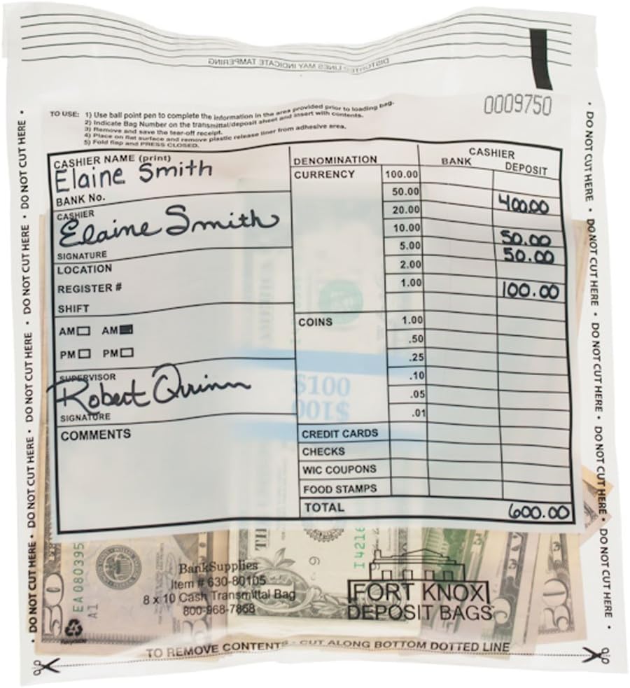 BankSupplies Clear Cash Deposit Bags 8W x 10H 500 Pack Tamper Evident Peel Write-on Panel Perforated Bottom Matching Serial Number and Barcode Deposit Plastic Bags